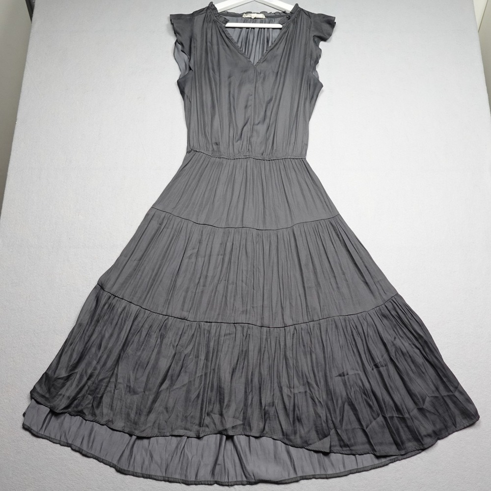 Grade & Gather Dress Womens S Gray Maxi Chiffon V-Neck Flutter Sleeve Pleated